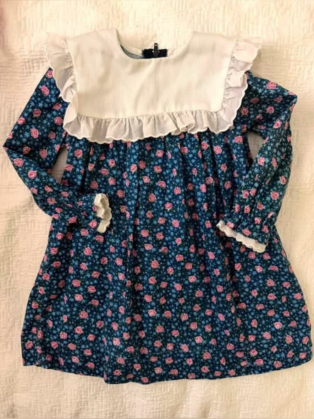 Vintage Girls Floral Navy Blue Long-Sleeve Dress with White Ruffle Bib